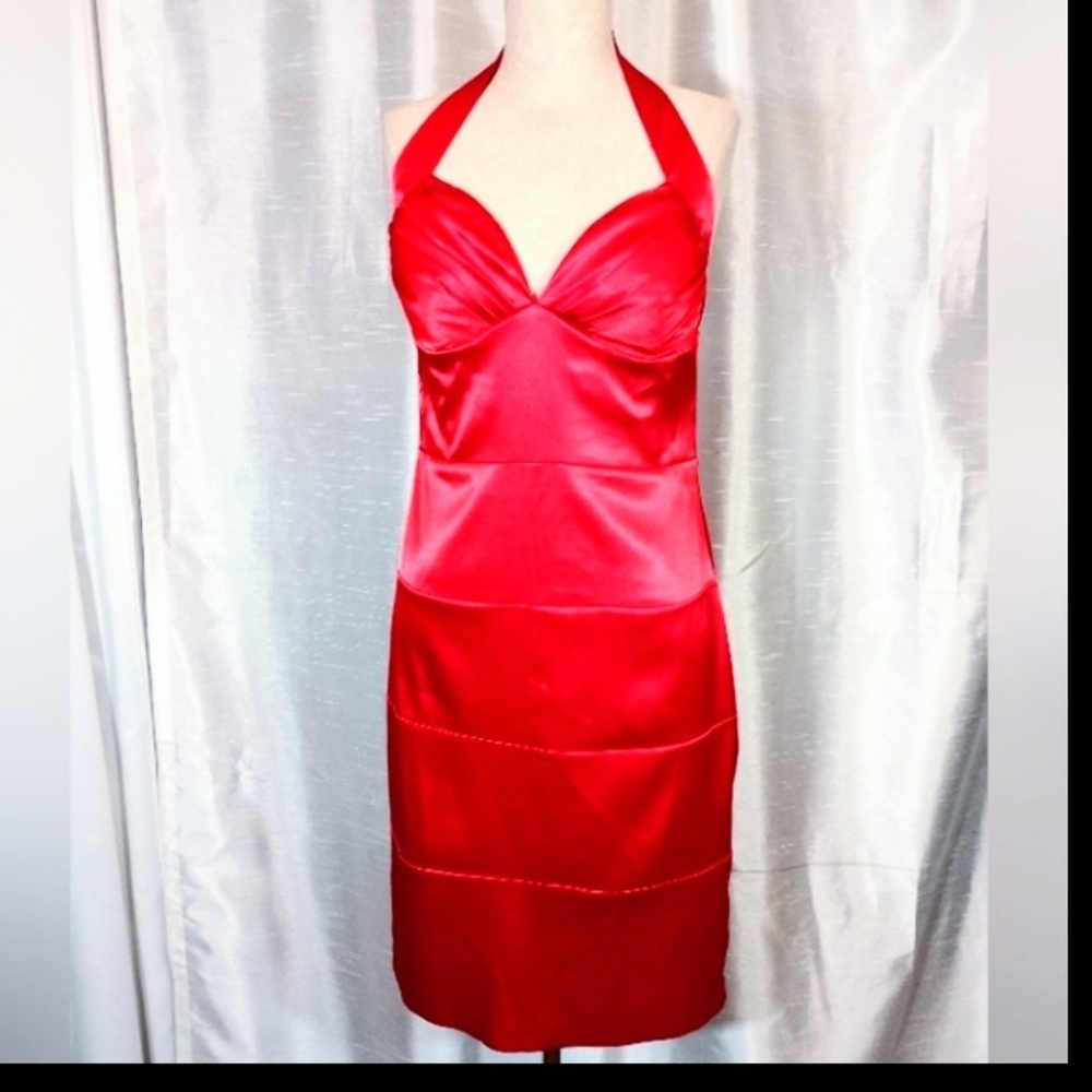 B. Smart Vintage Halter Satin Sheath Dress,Red Pleated,ZipUp, Runs Small 8